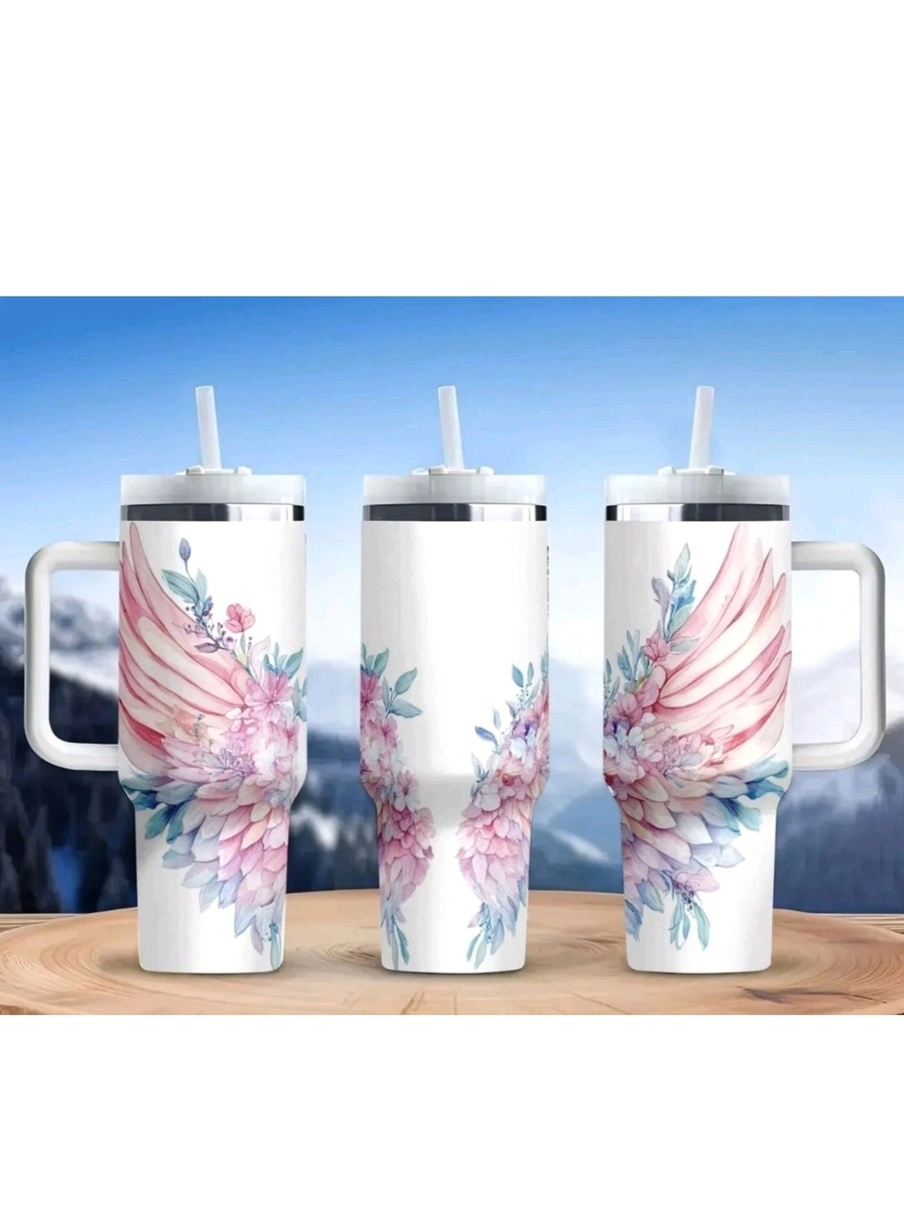 40 Oz. Angel Wings Stainless Steel Tumbler W/Side Handle In  Delicate Pastels.